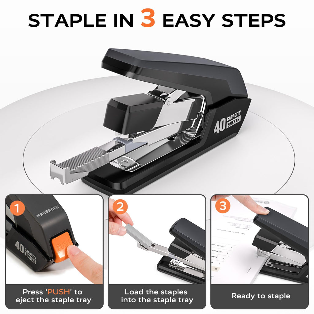 Effortless Stapler for Desk with 40-50 Sheet Capacity, 2000 Staples, 1-Touch Stapling, Ergonomic & Easy to Load Desktop Staplers, Heavy Duty Stapler, and Magnetic Staple Remover, Black