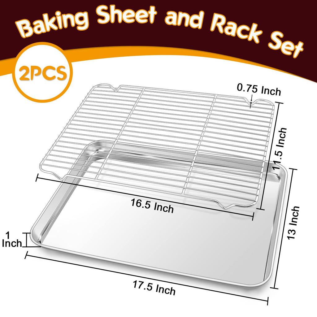 17.3 Inch Large Baking Sheet and Rack Set, P&P CHEF Half Stainless Steel Cookie Sheet Baking Pan with Cooling Rack for Cooking/Roasting, Non-Toxic & Bake Evenly, Oven & Dishwasher Safe
