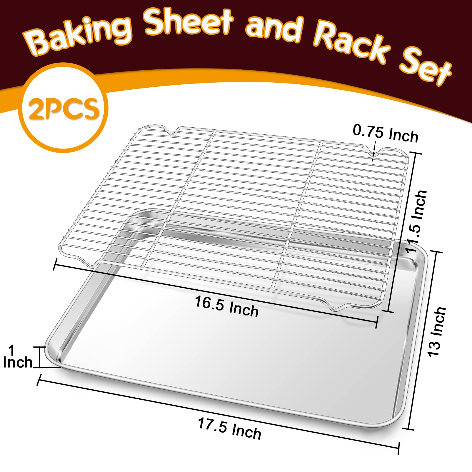 17.3 Inch Large Baking Sheet and Rack Set, P&P CHEF Half Stainless Steel Cookie Sheet Baking Pan with Cooling Rack for Cooking/Roasting, Non-Toxic & Bake Evenly, Oven & Dishwasher Safe