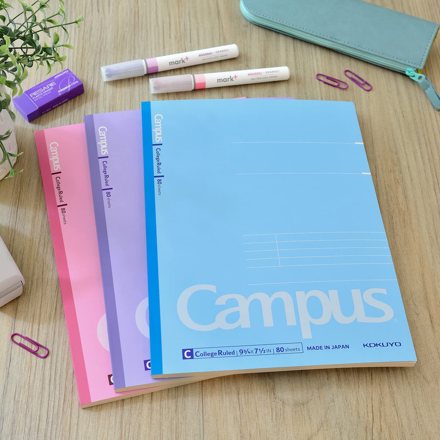 KOKUYO Composition Notebooks, 3 Pack Campus 9-3/4" x 7-1/2" Comp Book with College Ruled, 80 Sheets, Pink Blue Lavender School Lined Notebook Journal for Work Study Note Taking (WSG-NO-308CG1×3)