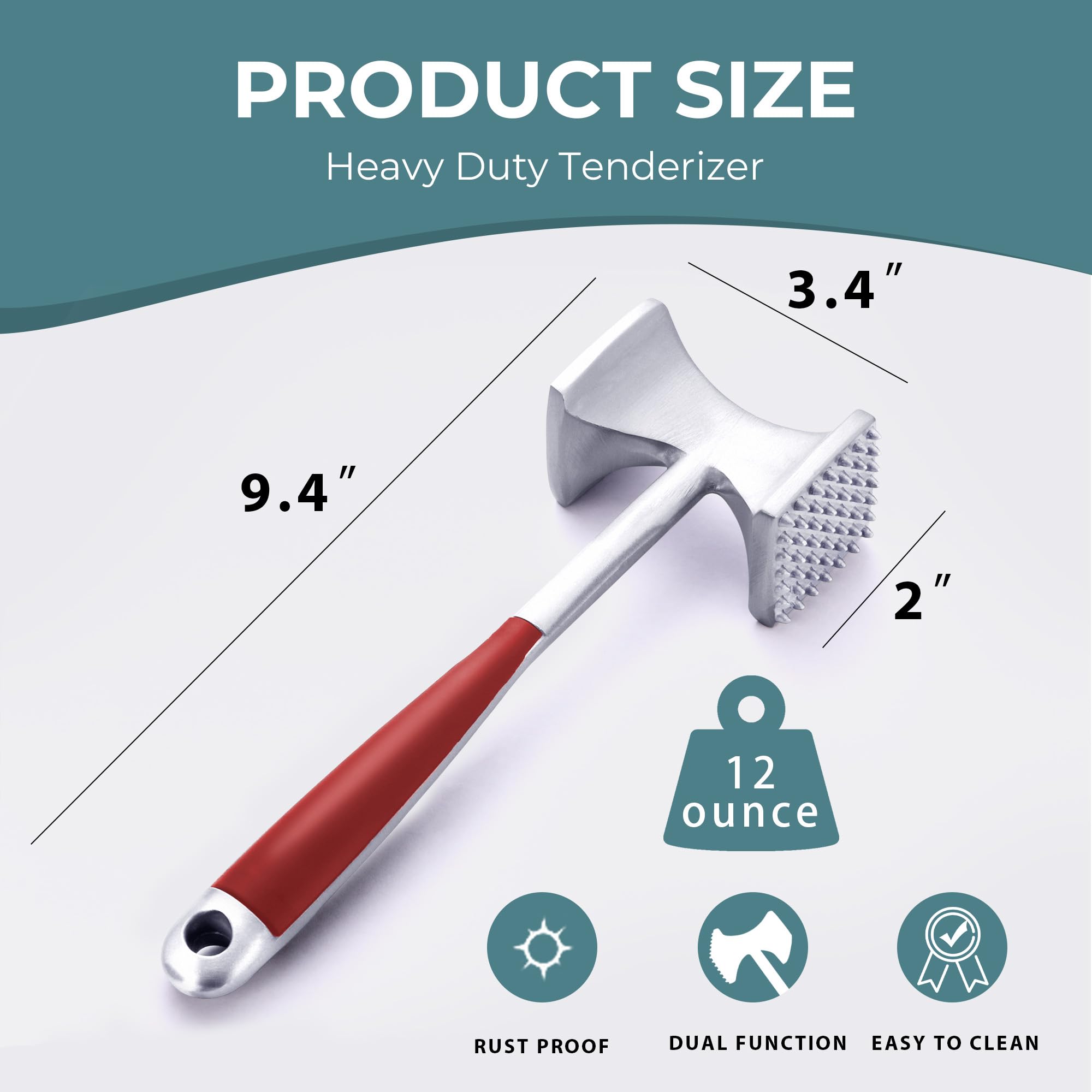 KITEXPERT Meat Tenderizer Hammer with Comfortable-Grip Handle, Dual-Side Mallet for Kitchen, Heavy Duty Pounder for Tenderizing Steak, Beef and Fish, Red