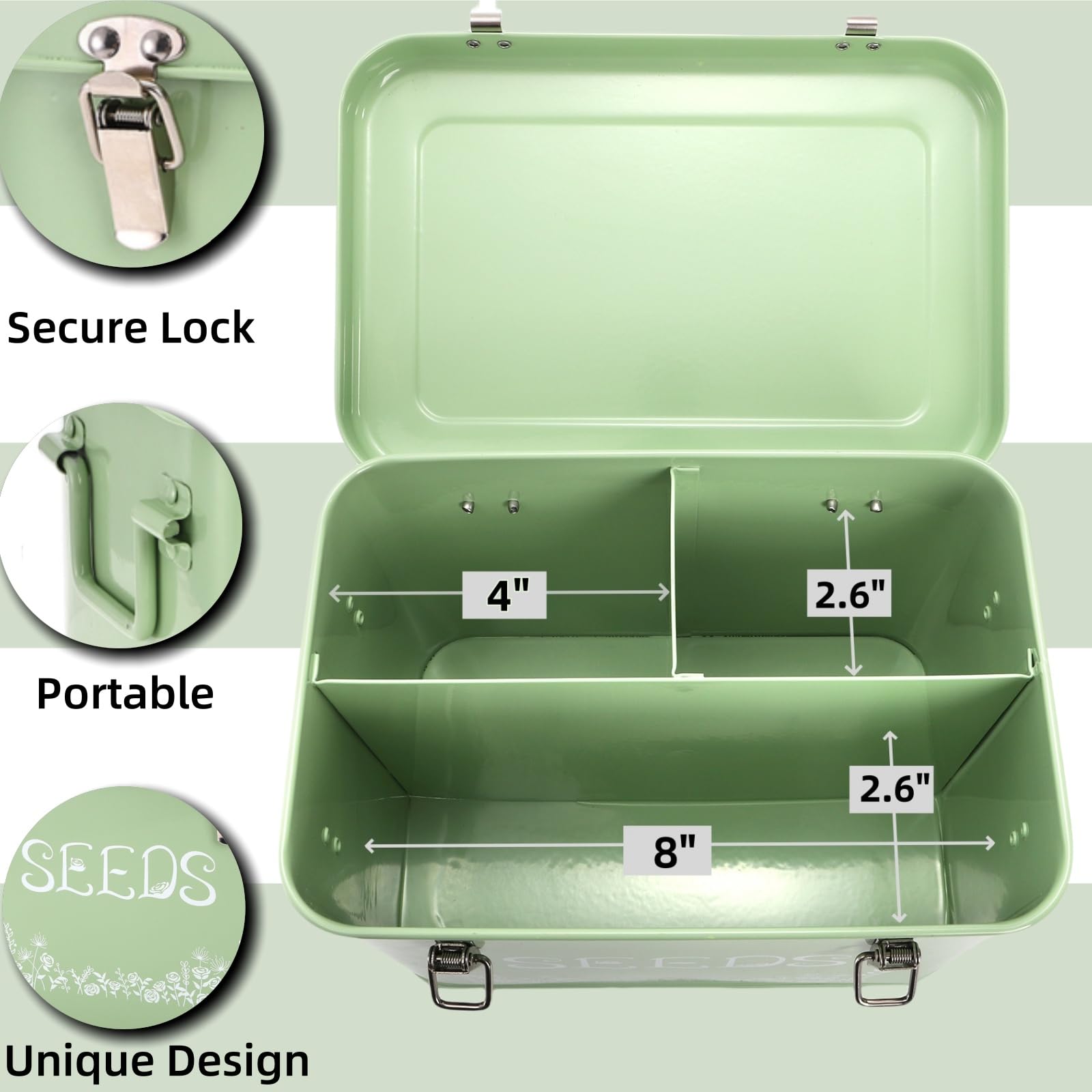 Covzoe Seed Storage Box, Metal Seed Packet Organizer with Garden String and 10 Wood Plant Labels, 3 Compartment Seed Saving Container with Lid, Seed Organizer Tin for Gardeners, Green
