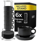 MIAMIO - 75 ml Espresso Cup Set with Saucers Coffee Mug Set of 6 - Ceramic Coffee Mug Stackable Espresso Mug with Stand for Coffee Drinks, Latte, Cafe Mocha - Le Papillon Collection (Black)