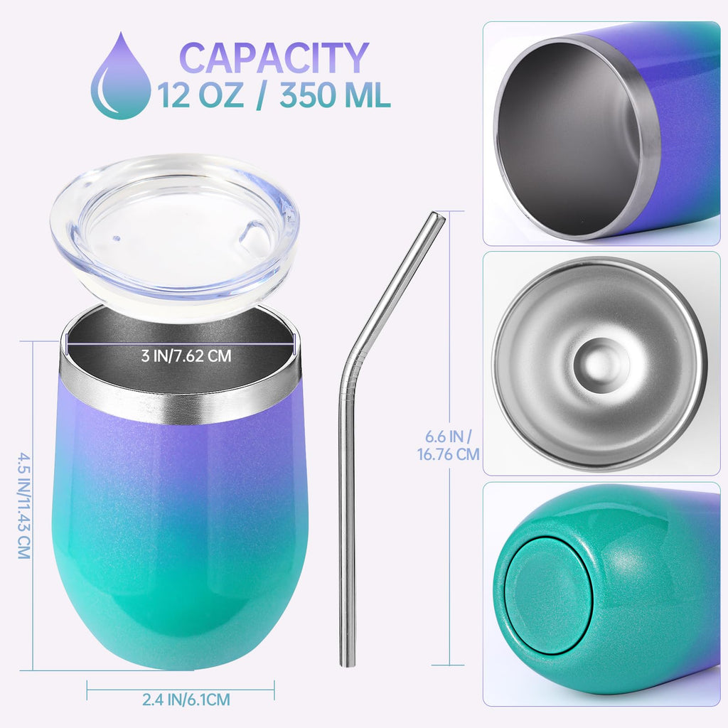 Volhoply 12oz Stainless Steel Wine Tumbler with Lid Bulk 4 Pack,Double Wall Vacuum Stemless Wine Glasses,Reusable Metal Travel Coffee Mug with Straw,Insulated Cup Gifts for Christmas（Assorted,4 Set）
