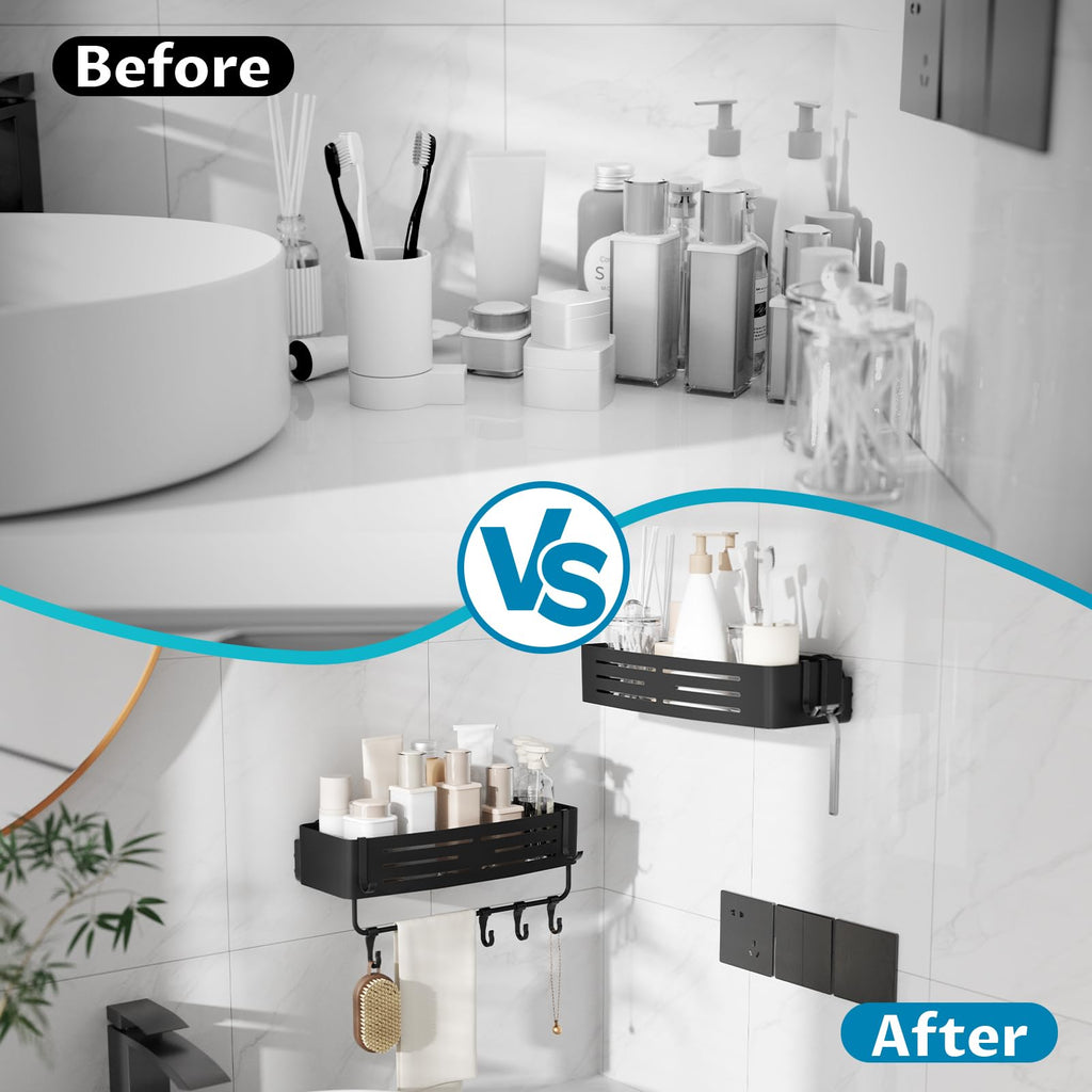 Suction Cup Shower Caddy, 2-Pack Shelf Organizer for Bathroom, Bathroom Suction Shelves with Portable Hooks, Shower Caddies Corner with Towel Bar,Matte Black