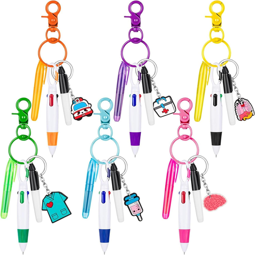 Mini Highlighter Nurse Pens for Badge Reel Pen Include 6 Tip Highlighter 6 Permanent Marker Pen and 6 Retractable Ball Pen with 6 Nursing Keychain Clip Christmas Gift (30pcs)