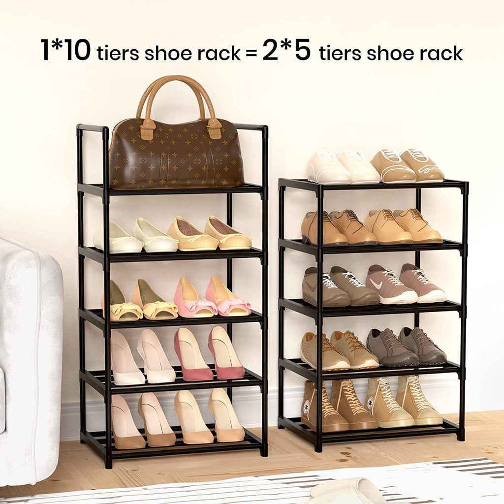 VTRIN 10 Tiers Narrow Shoe Rack 20-25 Pairs Shoe and Boots Organizer Storage Sturdy Shoe Shelf, Metal Shoe Rack for Entryway, Bedroom, 17 x 12 x 79 Inches, Black Vertical Stackable with 5 Hooks