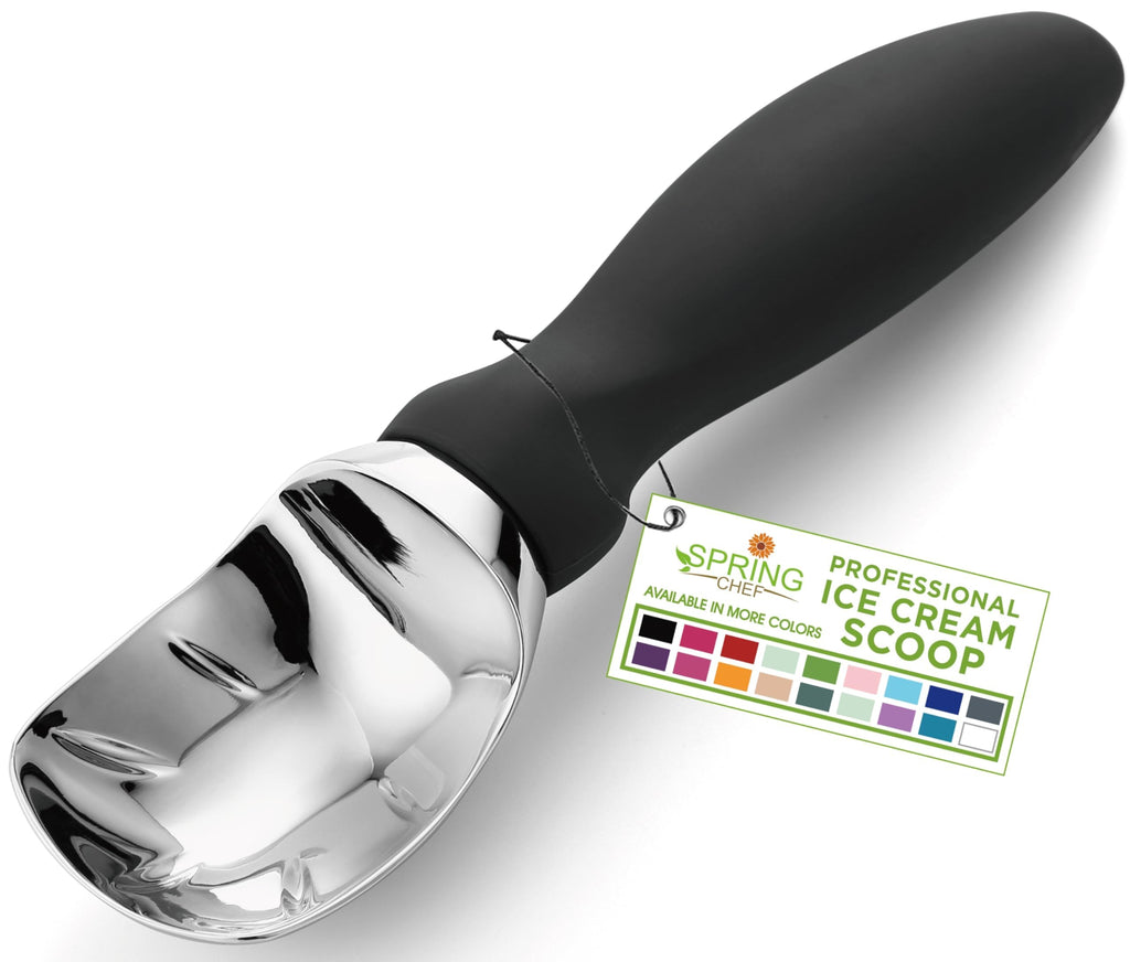 Spring Chef Heavy Duty Ice Cream Scoop with Comfortable Handle - Professional Ice Cream Scooper for Gelato, Sorbet, Cookie Dough, Melon, Frozen Yoghurt - Dishwasher Safe Metal Kitchen Tool - Black