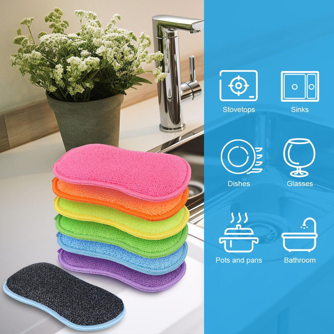 HOMEXCEL 12 Pack Multi-Purpose Scrub Sponges Kitchen, Dish Sponge, Non-Scratch Microfiber Sponge for Efficiently Cleaning Dishes, Pots, and Pans, and More (Multicolor)