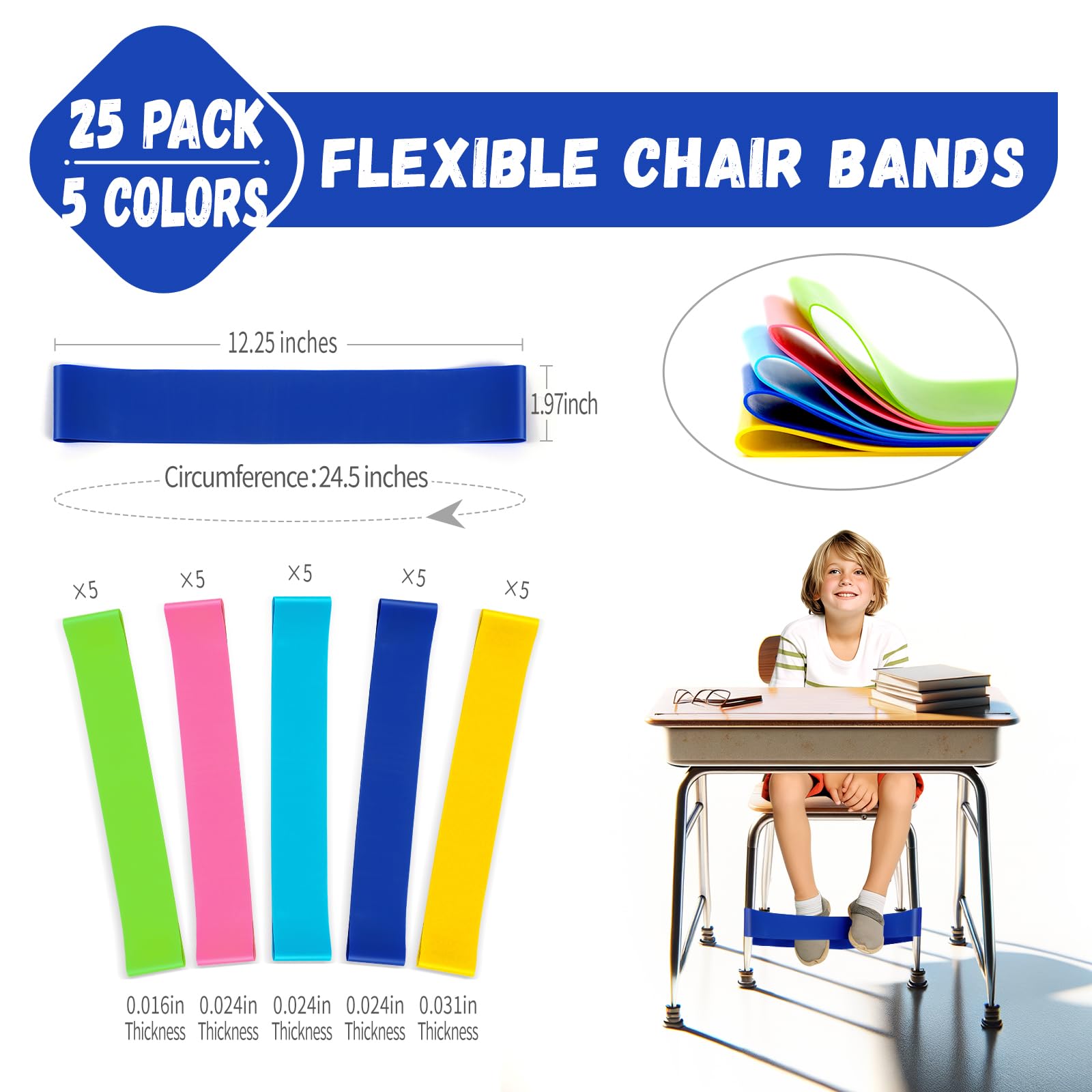 WNSIRVY 25 Pack Chair Bands for Kids with Fidgety Feet, ADHD Tools for Kids, Improve Focus & Reduce Restlessness, Chair Bands Sensory ADHD ADD Autism - Classroom & Home Must Haves (Multicolor)