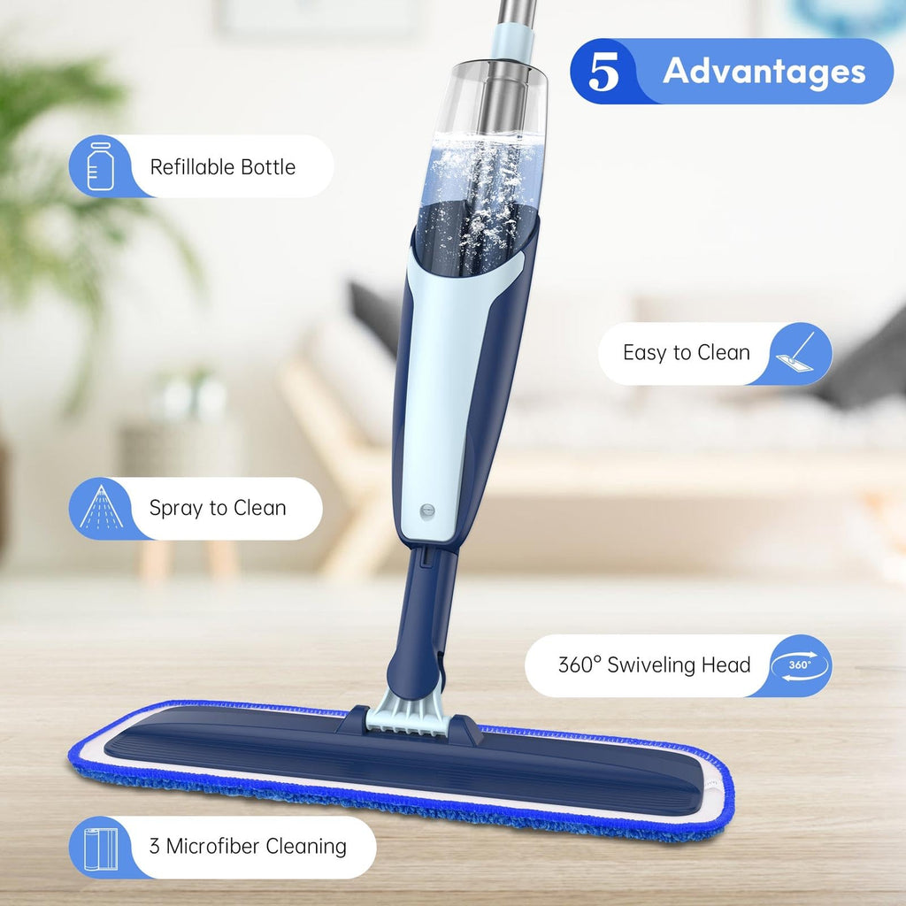 VENETIO Premium Microfibre Spray Mop with Refillable Sprayer for Quick Dry and Wet Floor Cleaning or Dusting | Wood, Laminate, Tile, Vinyl, Hardwood Floor Mop with 3 Reusable and Washable Pads, Blue