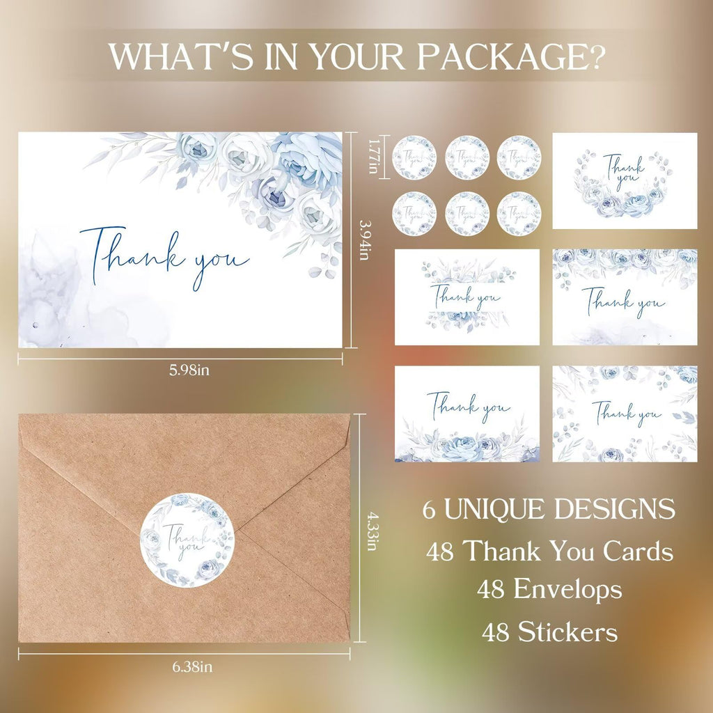 Oaken Leaford 48 Pack Pre-Folded Floral Thank You Cards with Envelopes & Stickers, 6 Elegant Flower Designs for Wedding, Baby Shower, Teacher Gifts(Blue Floral)