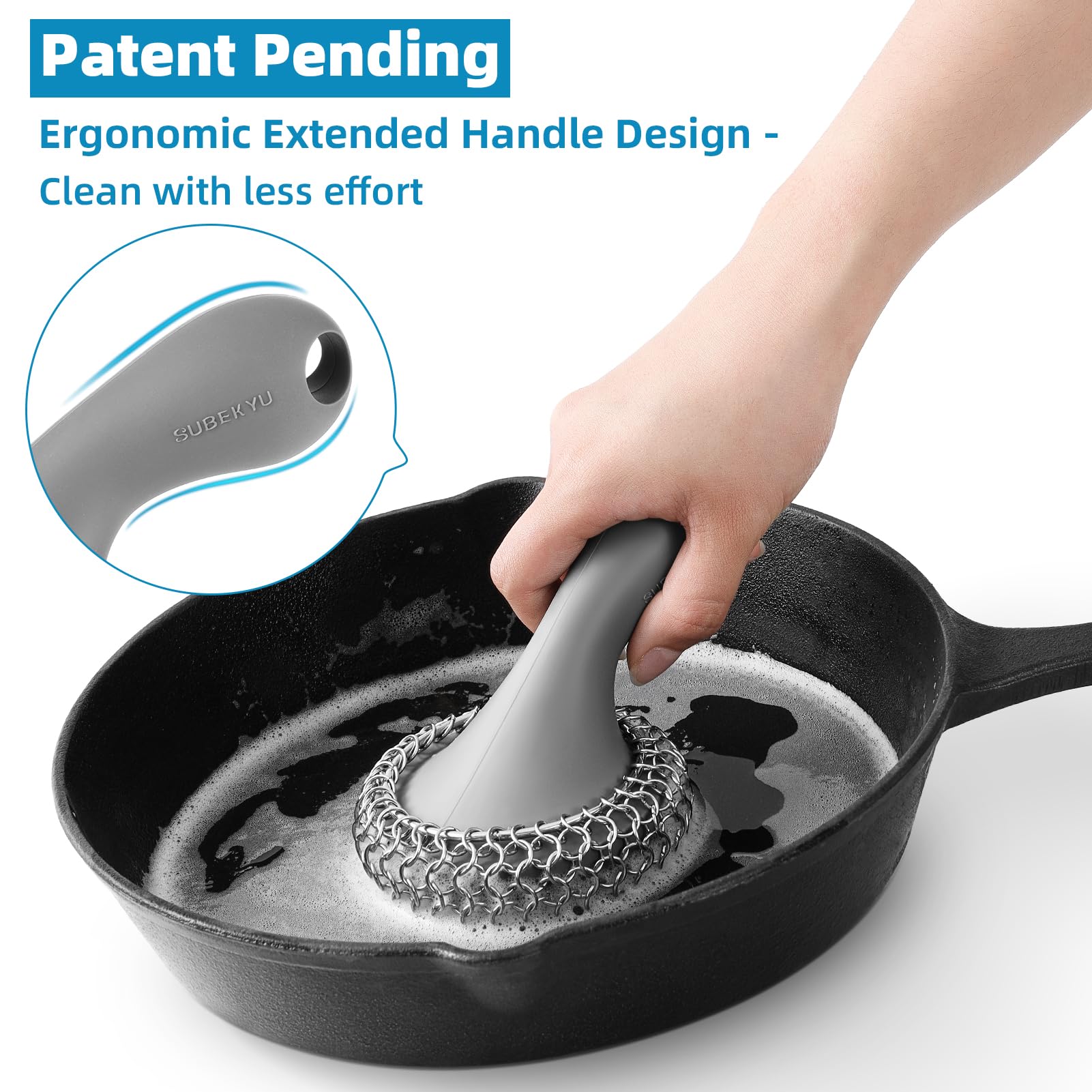 SUBEKYU Cast Iron Scrubber with Silicone Handle, Stainless Steel Cast Iron Skillet Cleaner Chainmail Scrubber for Pans, Grey