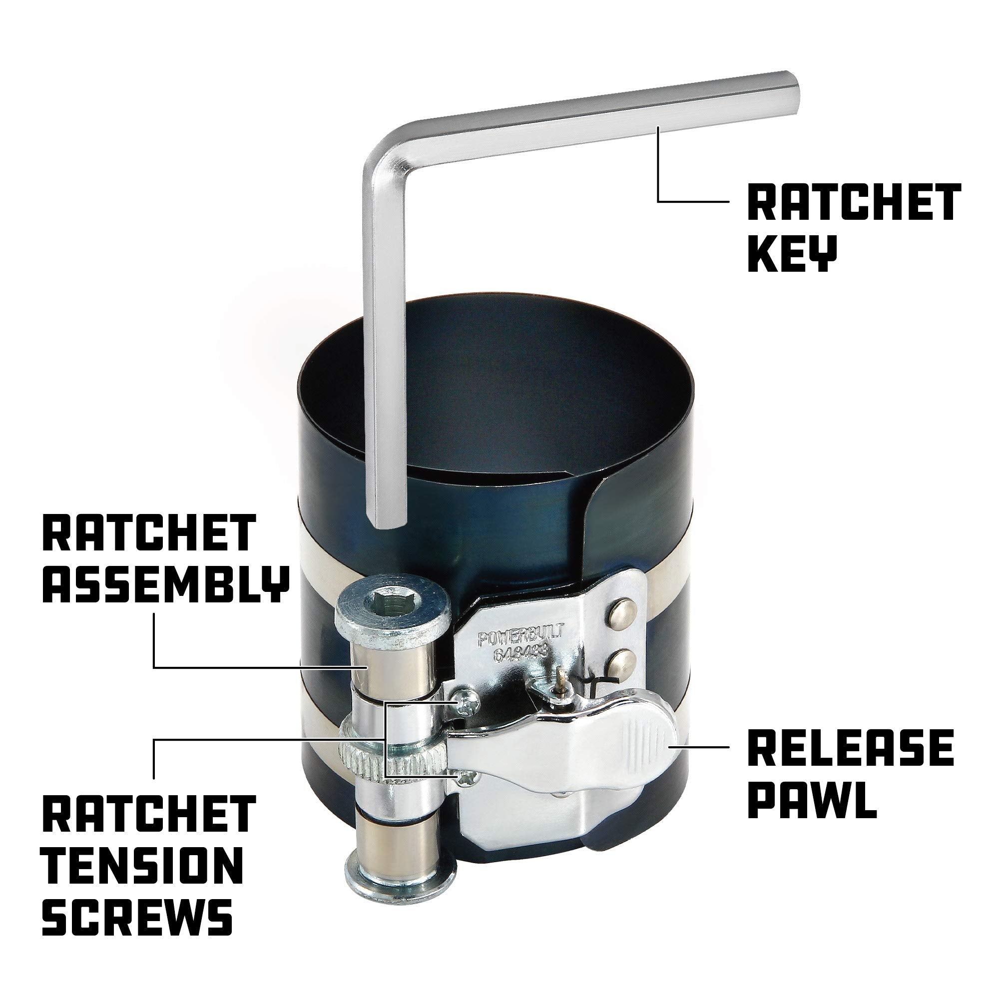 Powerbuilt Piston Ring Compressor, 2 Inch to 5 Inch Diameter, Compress Pistons, Ratcheting Lock, Release Lever, Slide into Cylinder - 648433