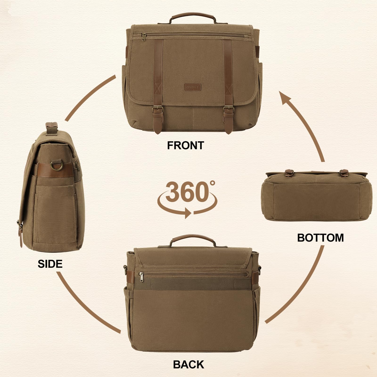 NUBILY Messenger Bag Men 15.6 Inch Laptop Bag Vintage Canvas Briefcase Retro Work Computer Bag Large Shoulder Bag Water Resistant Cross-Body Satchel Bag For Business Office College Travel，Brown