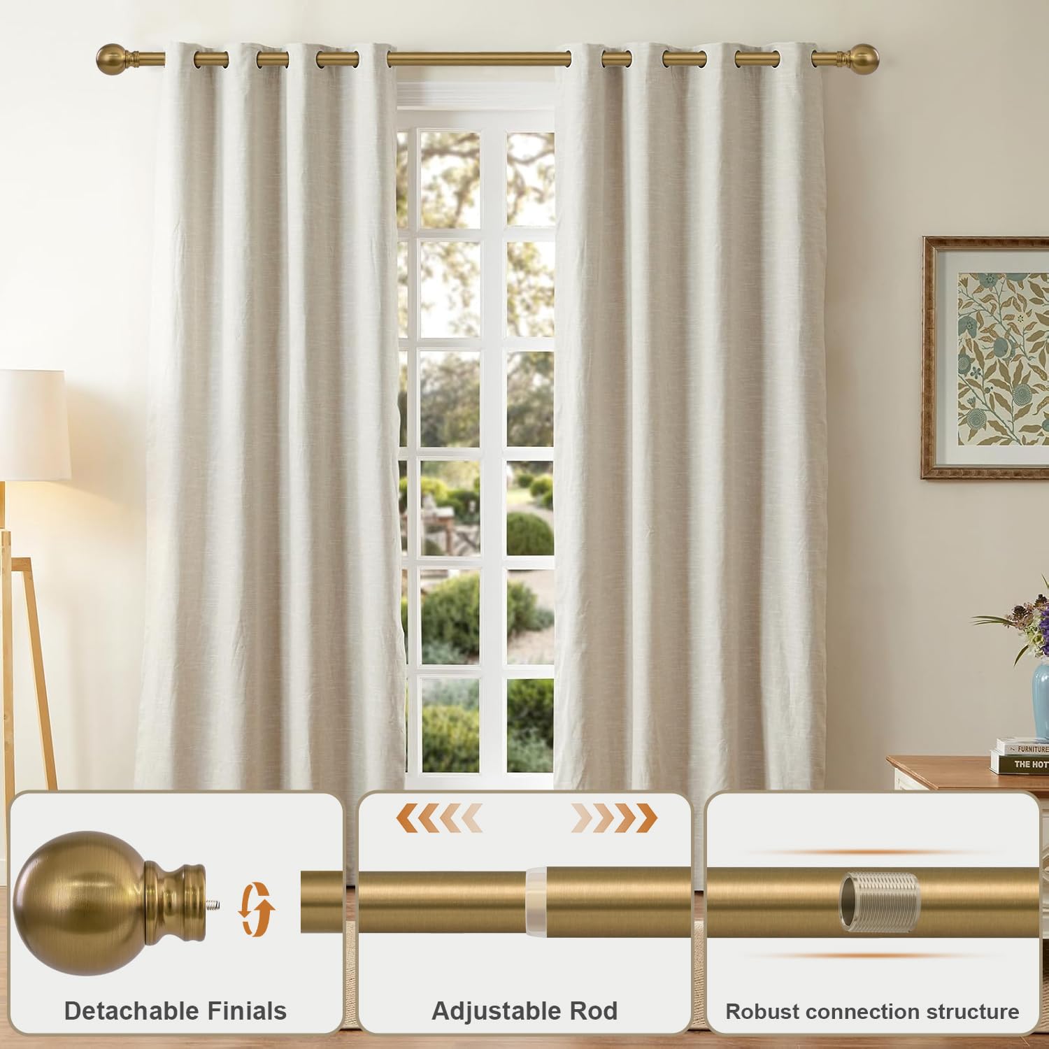 Warm Gold Curtain Rods for Windows 48 to 84 Inch 1" Diameter Adjustable Heavy Duty Brass Window Curtain Rod with Metal Finials for Living Room Bedroom Farmhouse Kitchen Outdoor