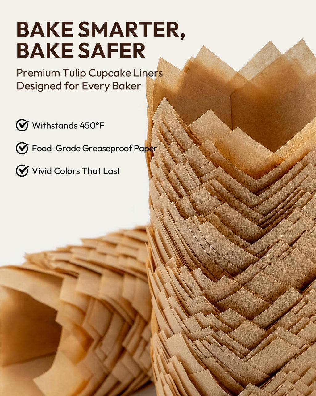 OvenDelite Tulip Cupcake Liners Natural 200PCS - Unbleached Parchment Muffin Liners, Non-Fade Oven-Safe, Brunch & Cafe Style Baking Cups