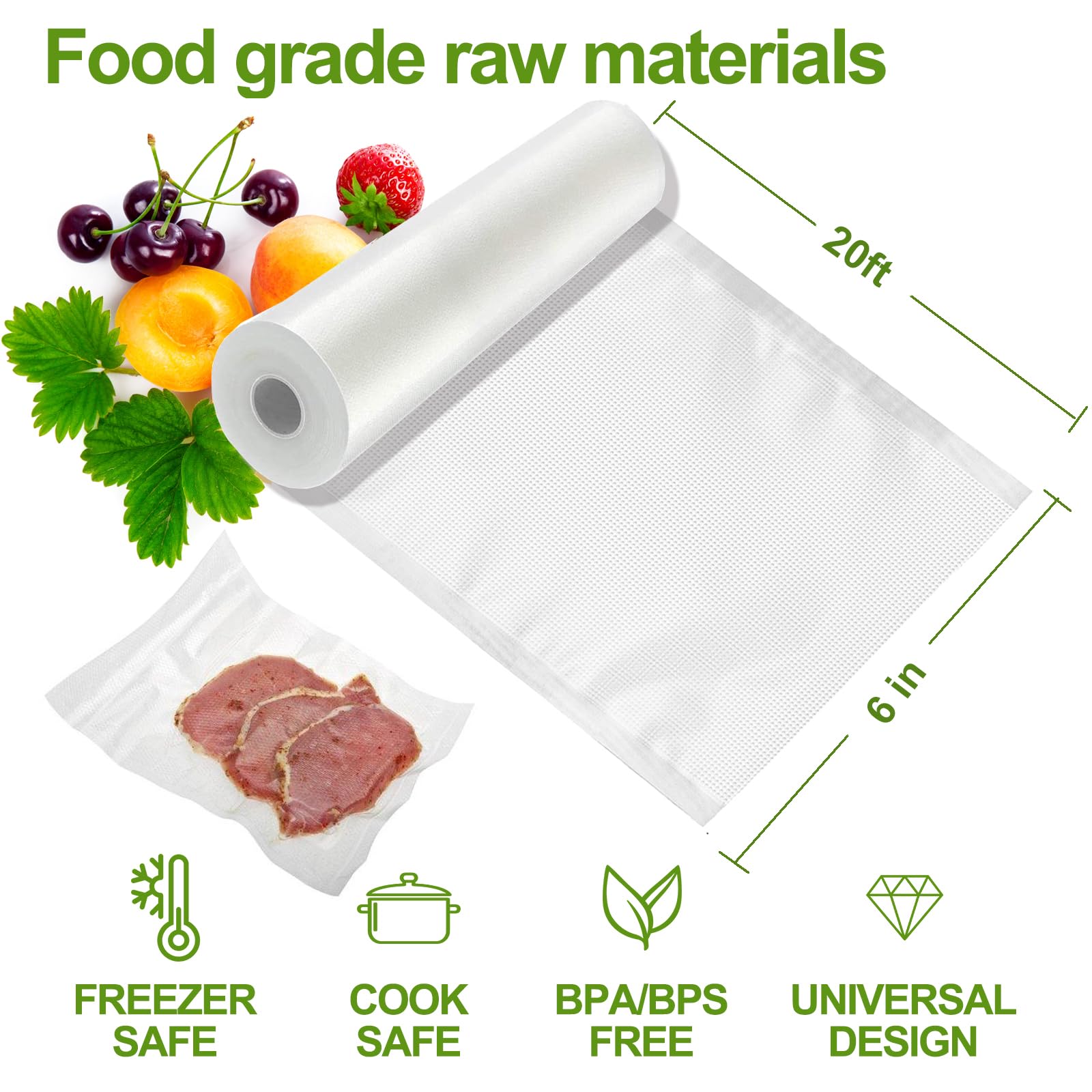 W&Y Vacuum Sealer Bags - 6" x 20' (3 Rolls), Reusable & Sous Vide, Commercial Grade, Embossed Texture, BPA-Free, Food Saver Vacuum Sealer Bags Rolls for Packing, Freezer & Cooking Storage