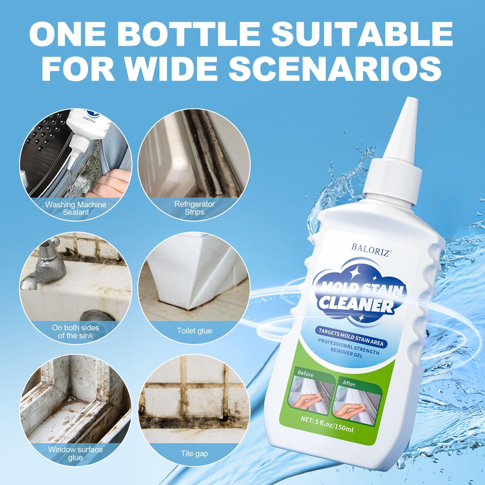 Mould Remover Gel, 1 Pack Household Mould Remover for Washing Machine, Grout Cleaner Gel with Brush and Cloth for Kitchen & Bathroom Cleaning,Sink, Tile Grout and Refrigerator Strips (5 Fl Oz)