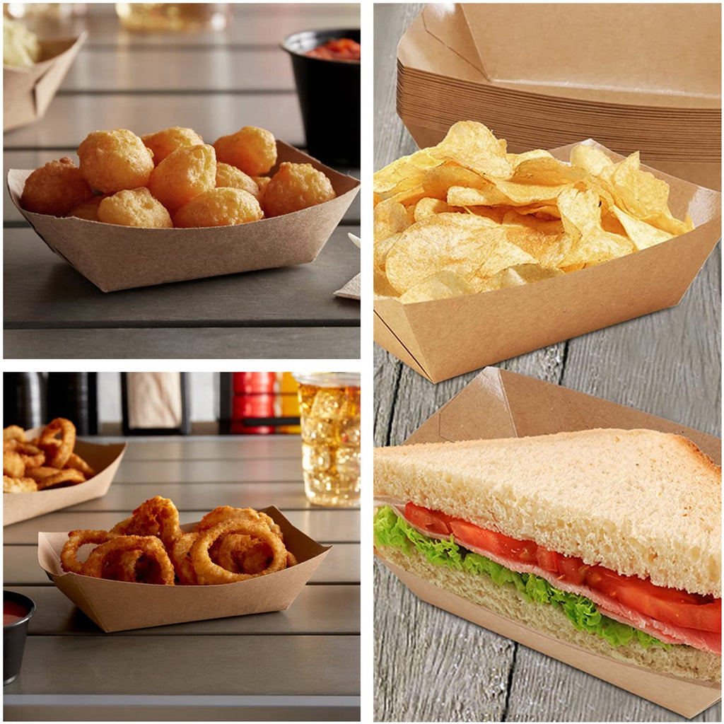 Paper Food Boats, 100 PCS Disposable Brown Kraft Snack Trays, Salad Dressing Plates, Greaseproof Souffle Cups French Fries Taco Holder Party Serving Bowls for Birthday Wedding Picnic BBQ Parties