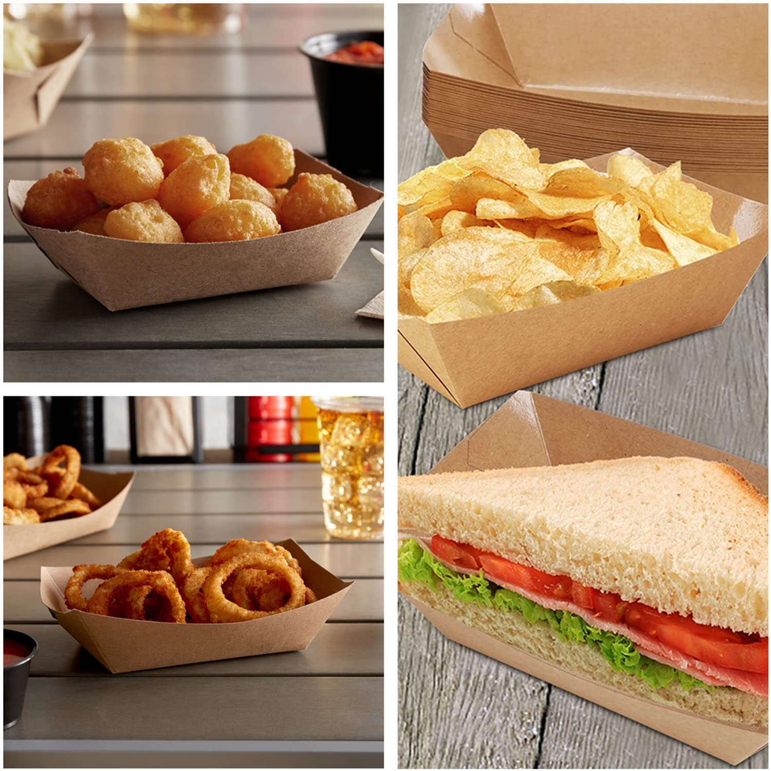 Paper Food Boats, 100 PCS Disposable Brown Kraft Snack Trays, Salad Dressing Plates, Greaseproof Souffle Cups French Fries Taco Holder Party Serving Bowls for Birthday Wedding Picnic BBQ Parties