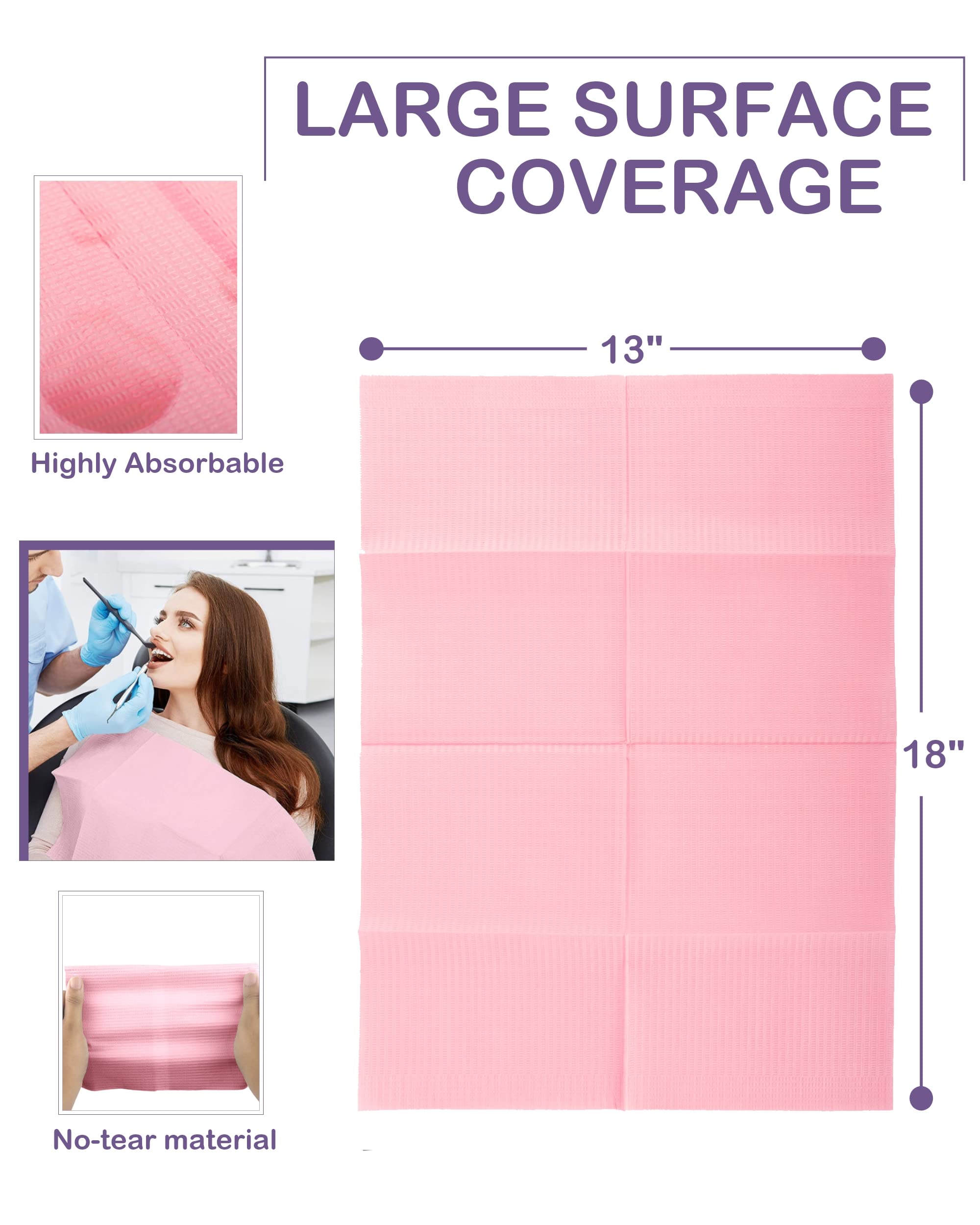 Blazco Pink Dental Bibs 125 Sheets, Disposable Dental Bibs 3 Ply Waterproof Dentist Bib for Adults & Children, Large Bulk Wipes 13'' x 18'' - Best for Medical, Tattoo, Piercing & Personal Use