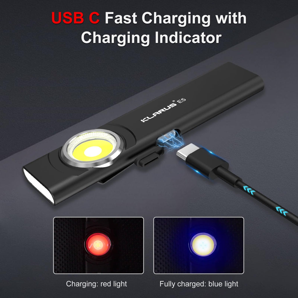 KLARUS E5 Pocket Flashlight, Rechargeable EDC Flashlight, Super Slim 4.2x1x0.3inch, 600 Lumens, USB-C Port, IPX4, Dual Light Source with Magnetic Base, Hat & Clothes Clip - Black