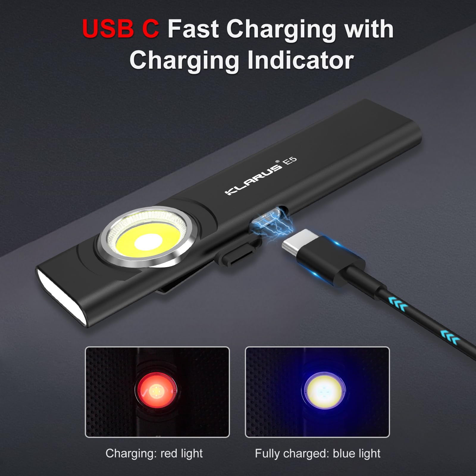 KLARUS E5 Pocket Flashlight, Rechargeable EDC Flashlight, Super Slim 4.2x1x0.3inch, 600 Lumens, USB-C Port, IPX4, Dual Light Source with Magnetic Base, Hat & Clothes Clip - Black