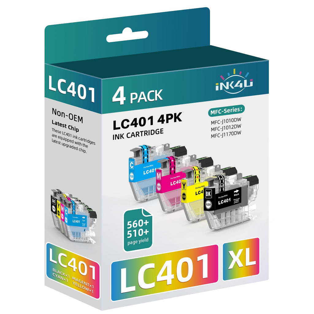 INK4U Compatible LC401 LC-401 Ink Cartridges Replacement for Brother LC401 Ink Cartridges for Brother Printer MFC-J1010DW, MFC-J1012DW, MFC-J1170DW Printer (Black Cyan Magenta Yellow, 4 Pack)