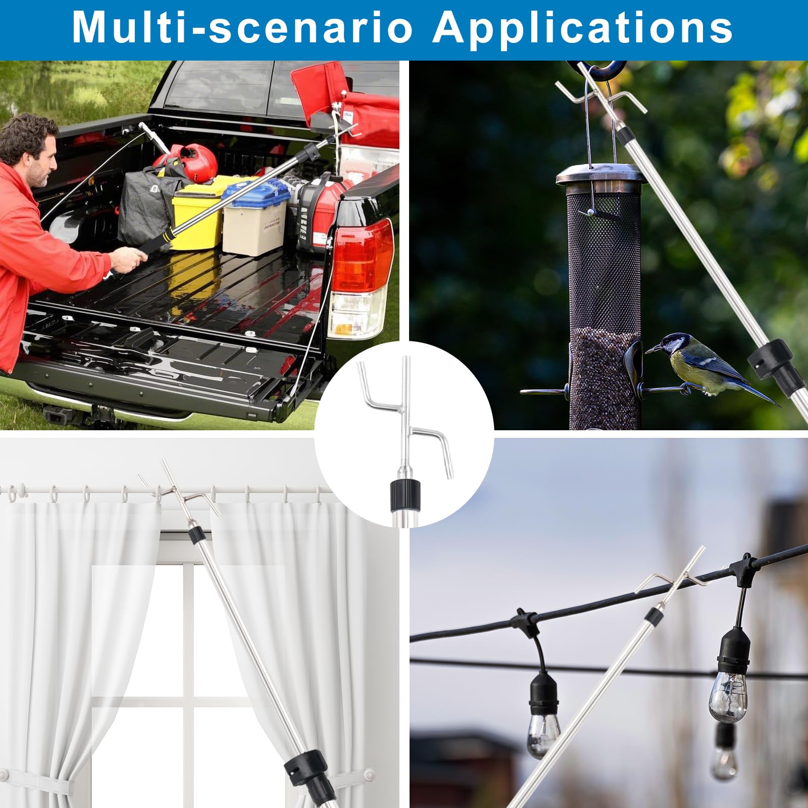 Greeily Clothes Hanger Reaching Hook, High Reach Garment Hook Telescopic Adjustable 37" to 63" for Hanging Clothes Plants Bird Feeders Christmas Light Pole Stainless Steel Material with 2 Long Hooks
