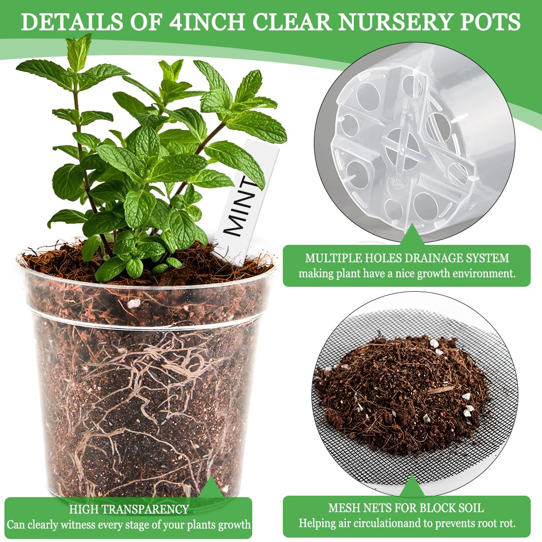 BTPLASTIK Clear Nursery Pots with Drainage Holes (Clear, 4 Inch-30P)