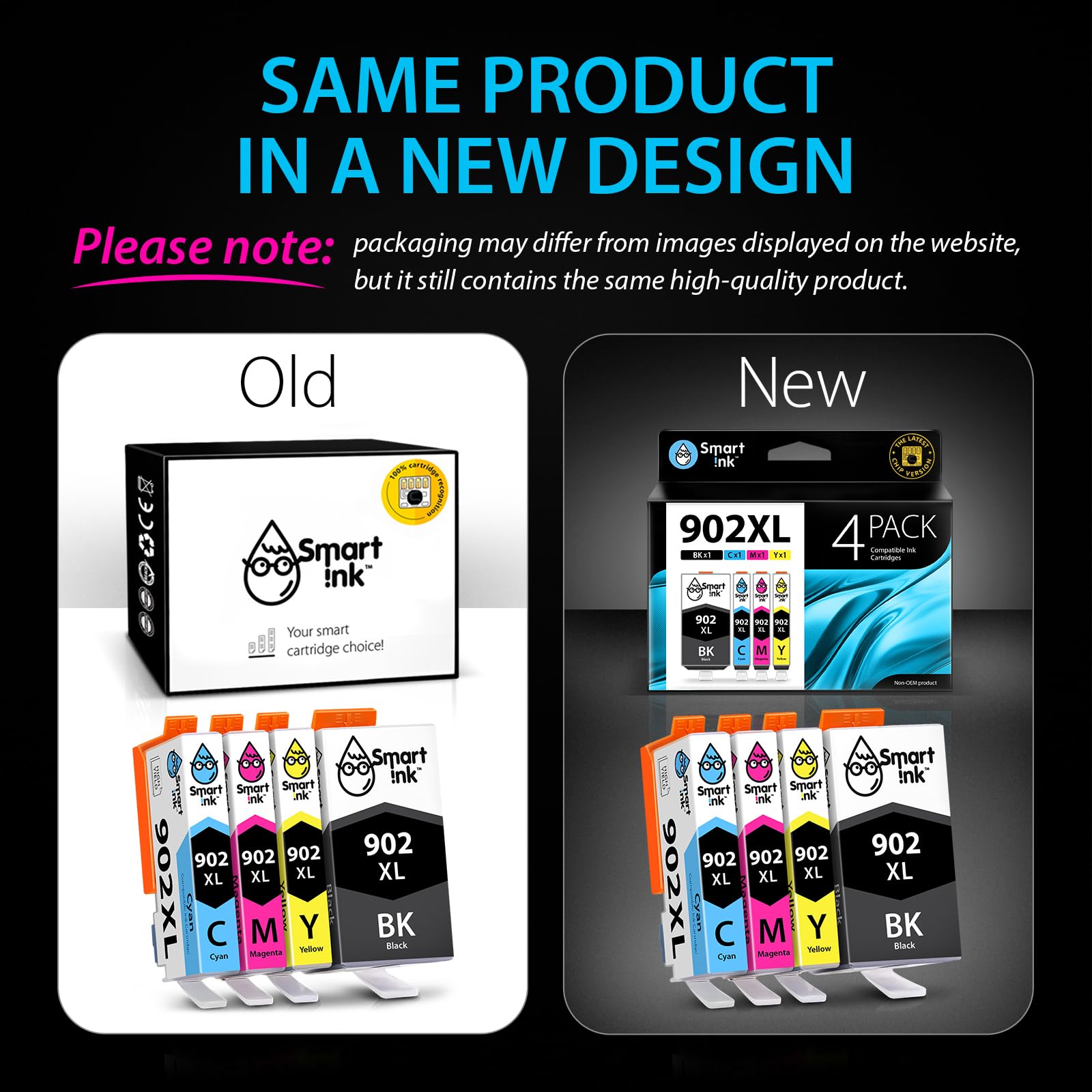 Smart Ink Compatible Ink Cartridge Replacement for HP 902XL 902 XL (4 Pack) with Advanced Chip Technology to use with Officejet 6951 6954 6956 6958 6962 6950 Officejet Pro 6968 6974 6975 6978 6960