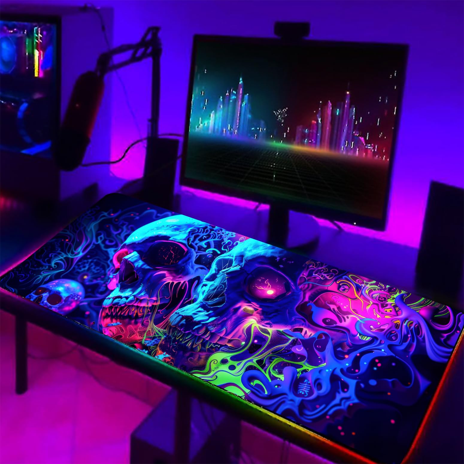 Simpkeely Horror Skull Mouse Pad, Large Waterproof Blacklight Colorful Skeleton Neon Gaming Non-Slip Rubber Base Mousemat, Glow in The Dark Abstract Desk Mat for Office Home - 31.5 x 11.8 inches