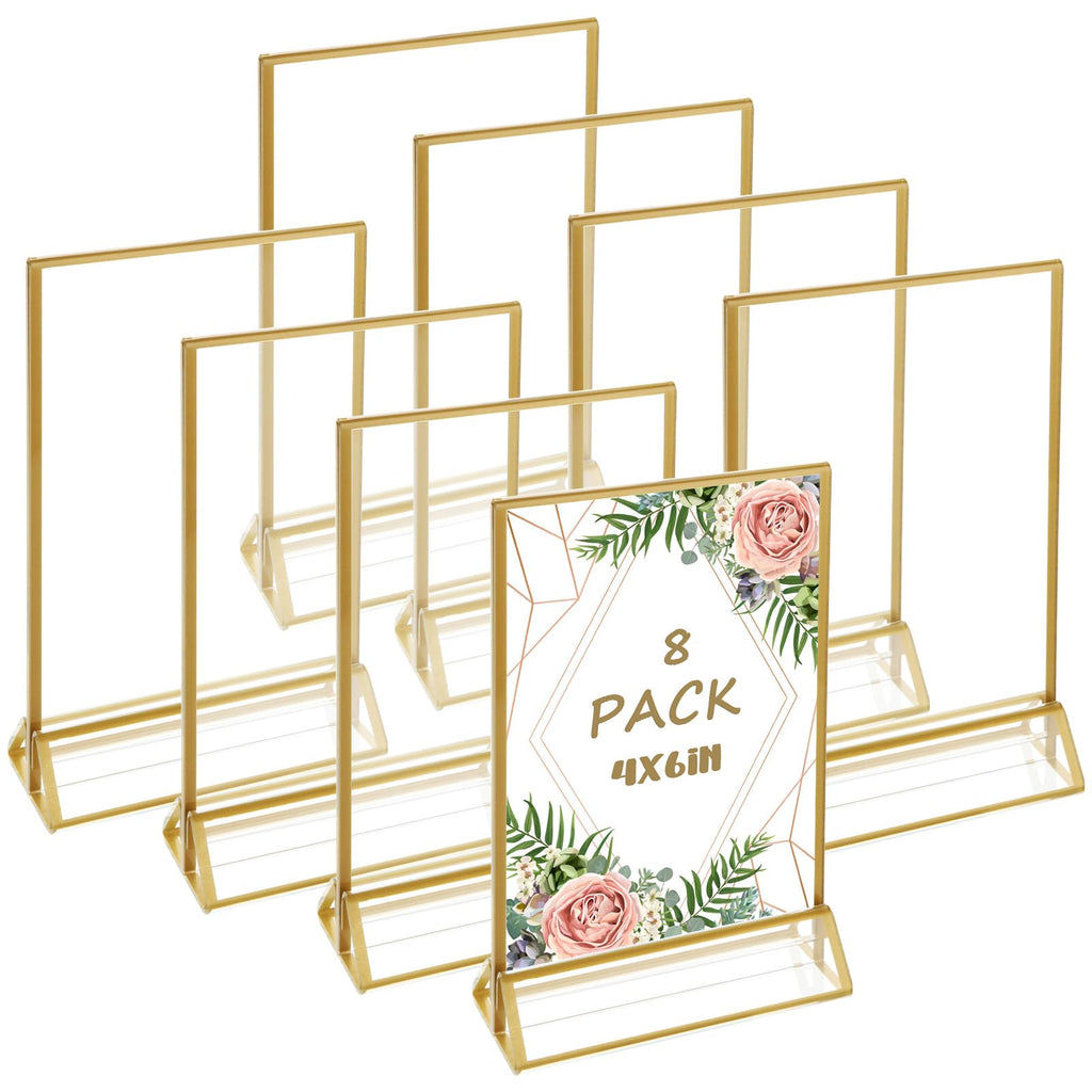 ABuff Acrylic Sign Holders with Golden Border, Portrait View, Pack of 8 | 4x6 Inches Double Sided Clear Frame, Perfect for Wedding reception, Centerpiece, Decoration, Party,Anniversary, Event