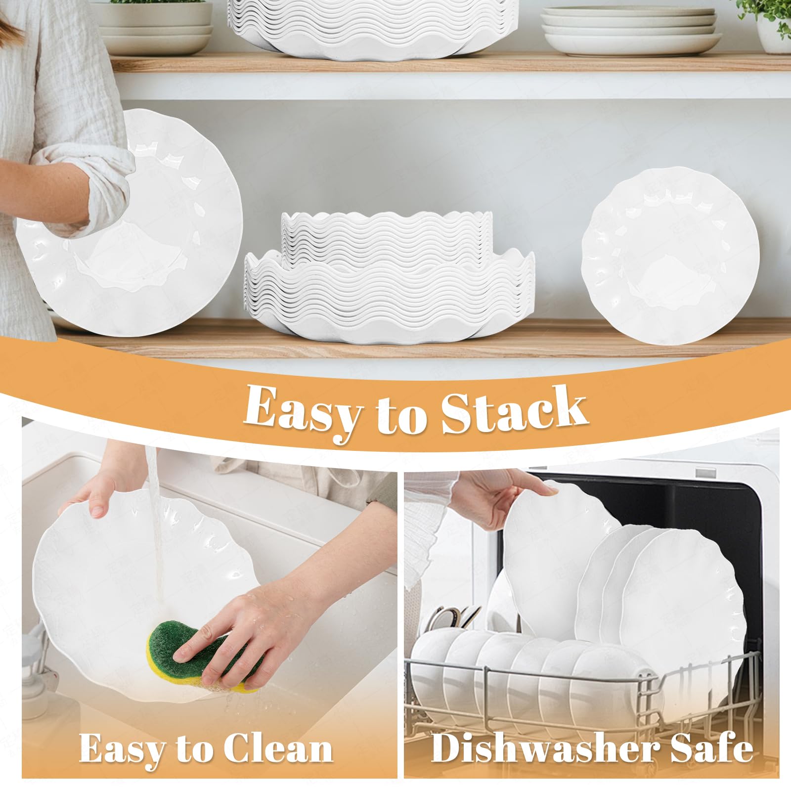 LIYH 24pcs White Plastic Plates Reusable, Unbreakable Dinner & Salad Plates, Microwave & Dishwasher Safe, Perfect for Parties, Birthday, Picnics, BPA Free (12 Guests)