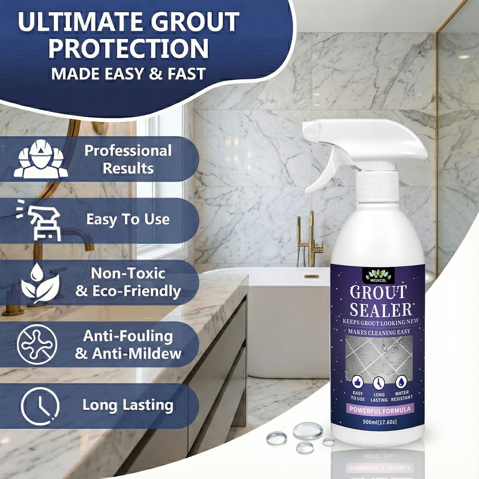 Meuvcol Grout Sealer,17.6 OZ Waterproof Grout Sealer for Shower, Floor Tiles, Kitchen - 100% Safe Tile Sealer Spray - Long Lasting Clear Sealant for Stone, Bathroom, Marble - Indoor & Outdoor
