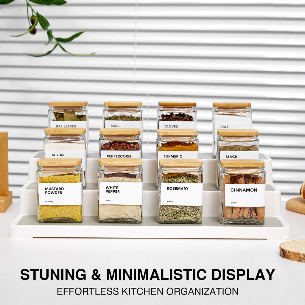 Glass Spice Jars with Bamboo Lid, 4oz Square Spice Containers for Pantry Organization, Seasoning Bottles with Labels, Spoons, Funnel for Salt Sugar