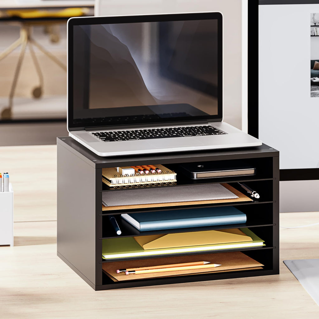 Ballucci 5 Tier Paper Organizer Letter Tray, Wood Desk File Organizer with Adjustable Shelves, Home Office School Letter/A4 Mail Sorter Magazine Holder - Black
