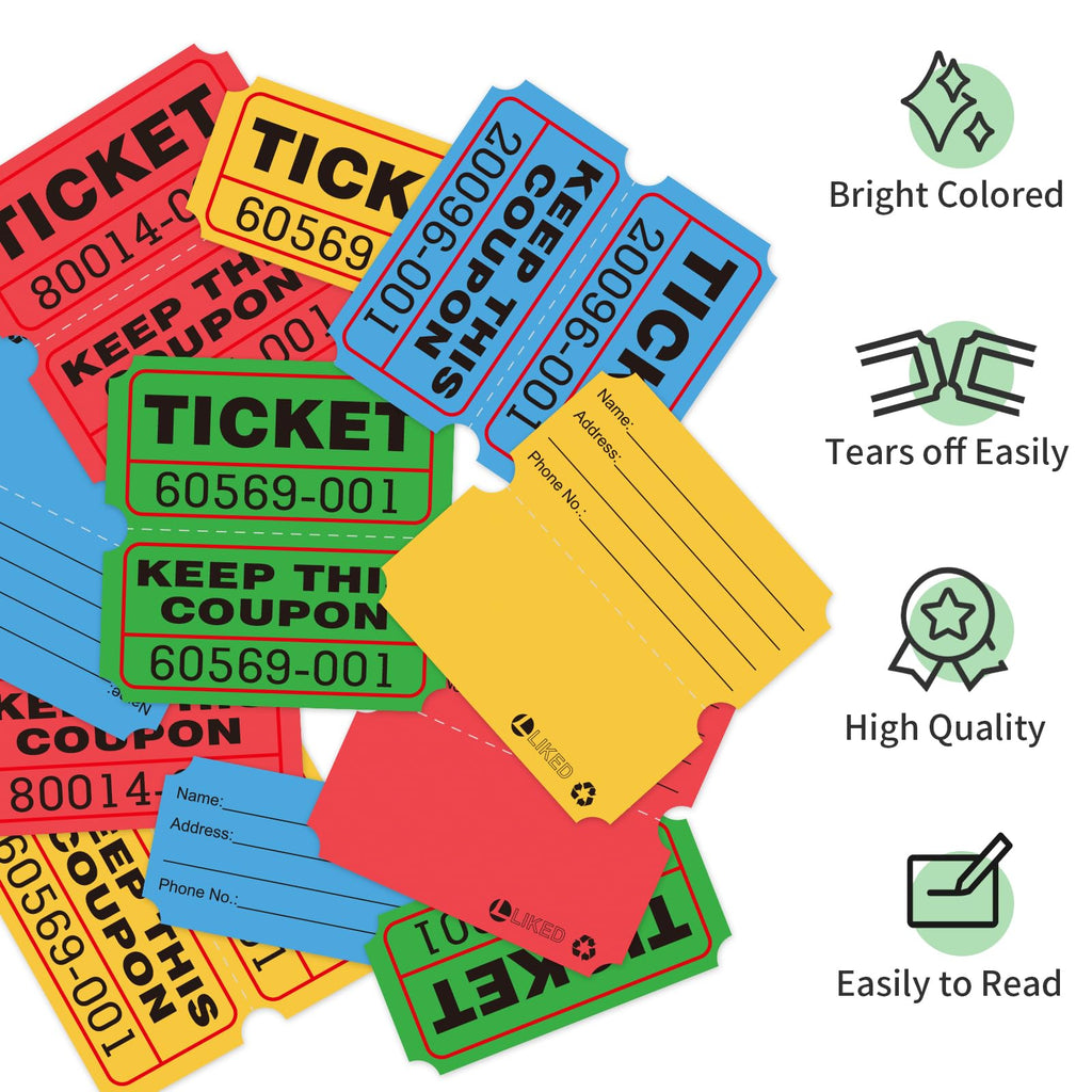 L LIKED 4000 Pairs Raffle Tickets with Consecutive Serial Numbers, 50/50 Raffle Tickets Double Roll for Events, Entry, Class Reward & Prizes (Blue+Red+Green+Yellow)
