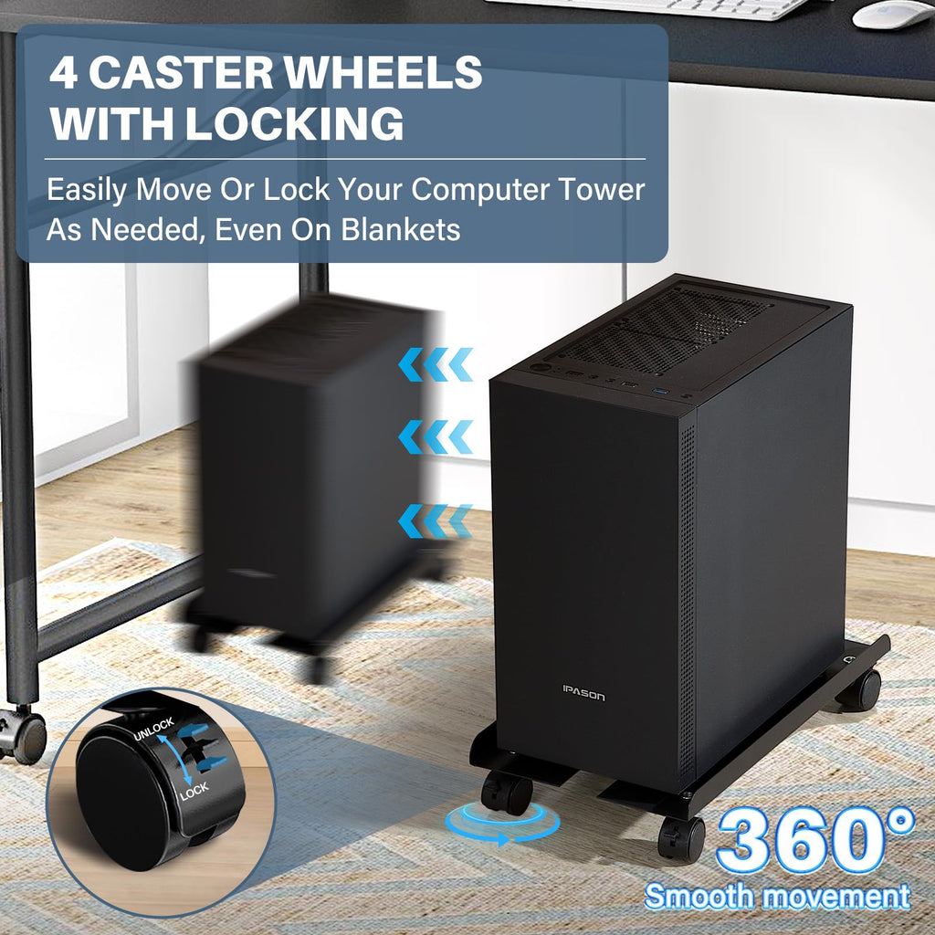 Computer Tower Stand, Adjustable Metal PC Stand for Floor, PC Tower Stand with 4 Locking Caster Wheels, CPU Holder, Mobile CPU Stand for Gaming Office Desk