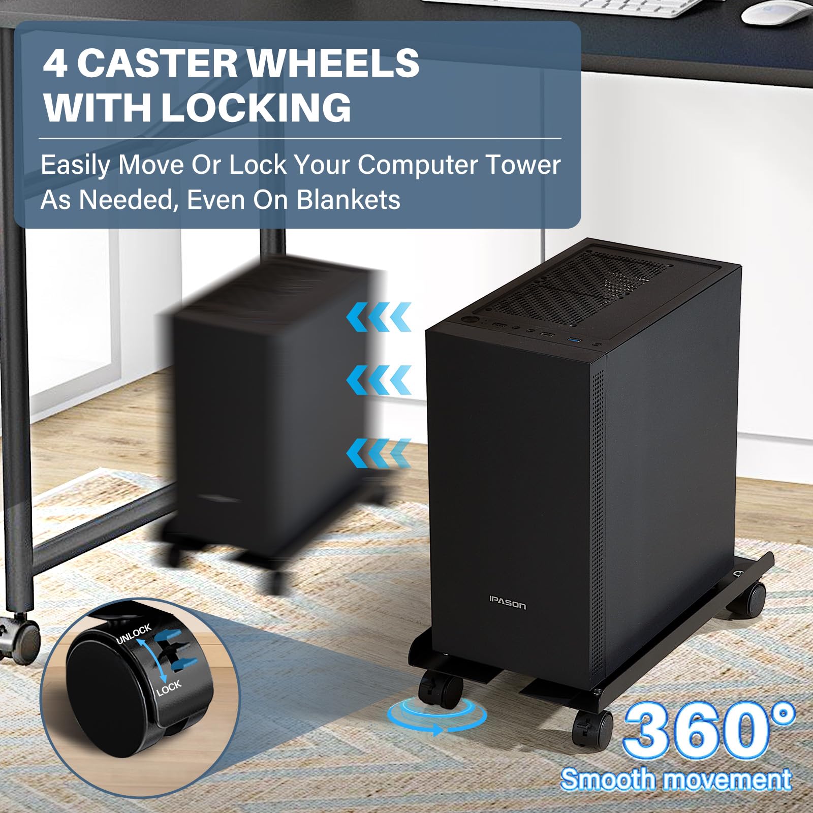 Computer Tower Stand, Adjustable Metal PC Stand for Floor, PC Tower Stand with 4 Locking Caster Wheels, CPU Holder, Mobile CPU Stand for Gaming Office Desk