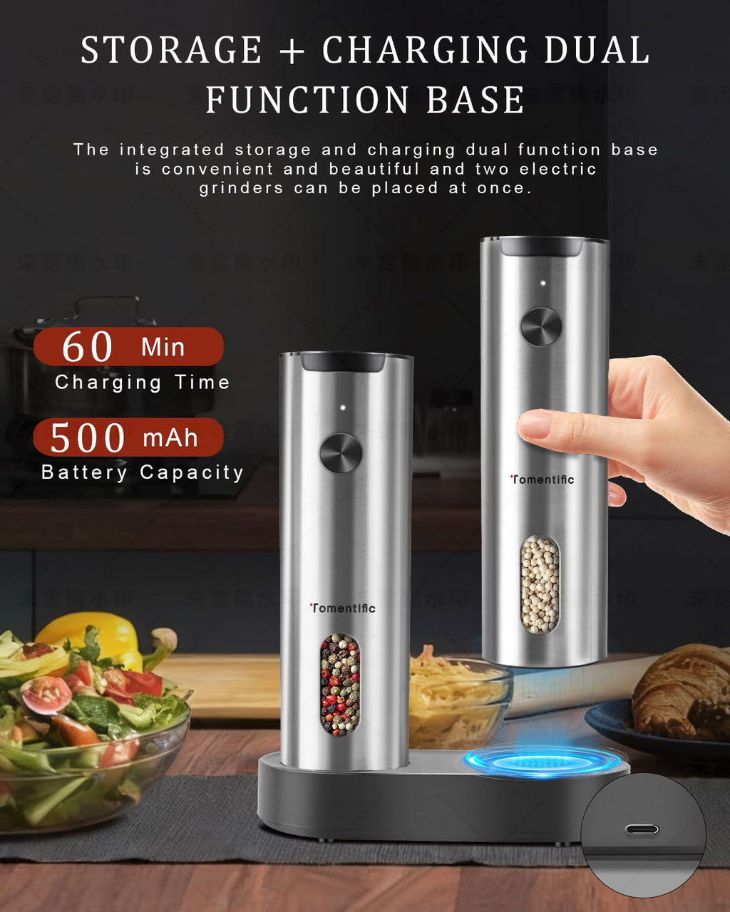 Electric Salt and Pepper Grinder Set with Rechargeable Base - Upgraded Large Capacity, Refillable Pepper Mill Set with LED Light & Adjustable Coarseness, Ideal for Kitchen, Outdoor (Polished Silver)