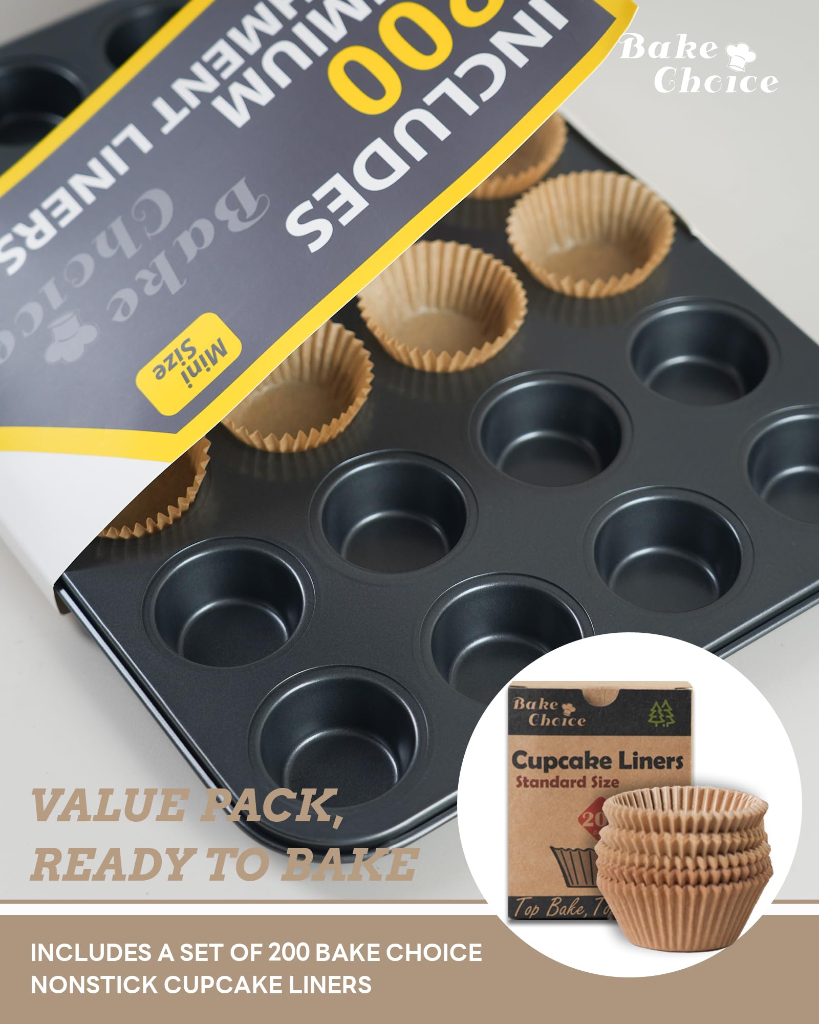 Bake Choice Mini Muffin Pan Includes 200 Cupcake Liners, Muffin Pan, Mini Cupcake Pan, 24 Cup Carbon Steel Muffin Tin for Baking