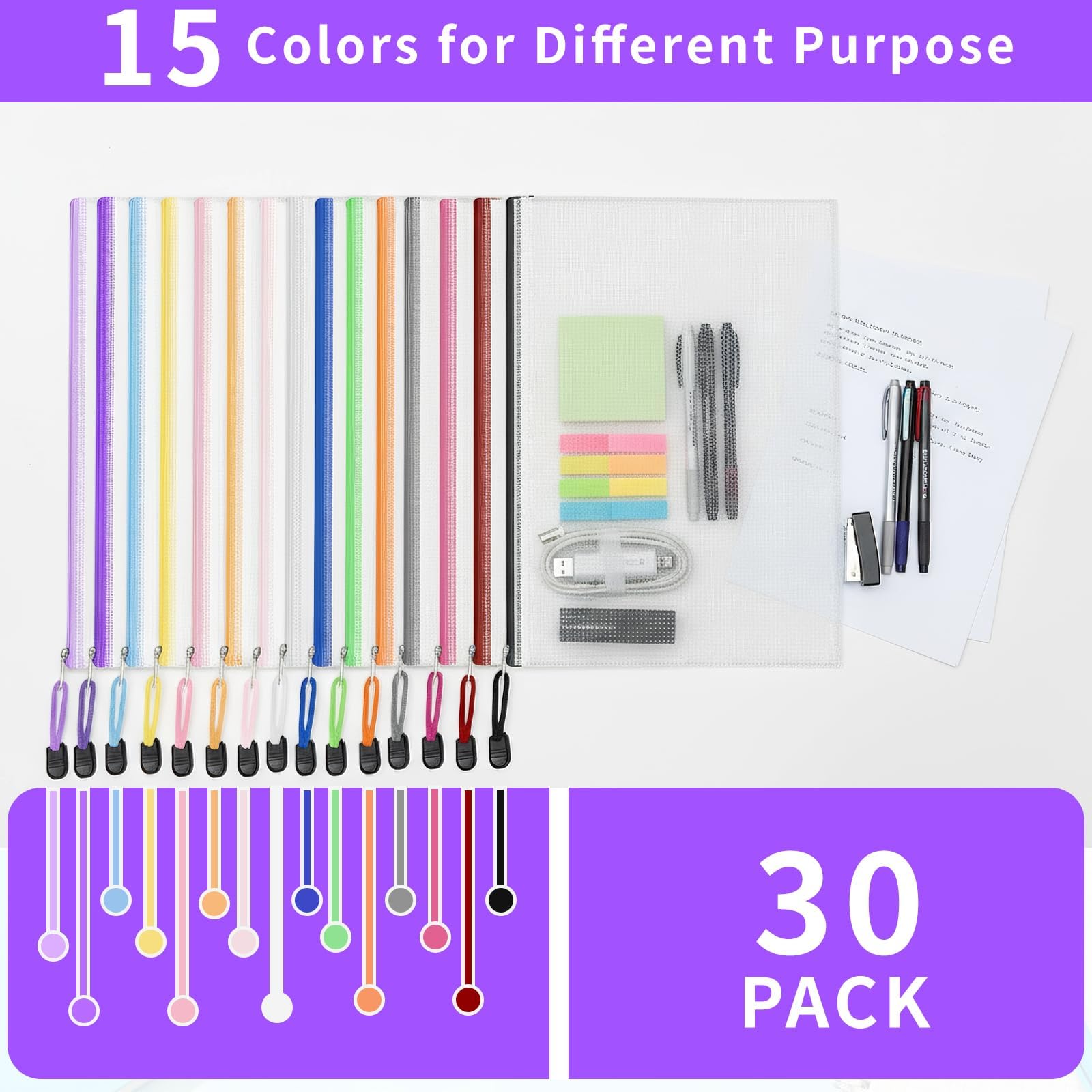 30 PCS Mesh Zipper Pouches Bags A4 Size Document Pouch,Waterproof Zipper Bags for Document Storage, Travel Bag Organizaer, Puzzle, Building Block Storage, School, Office Supplies (15 Colors)