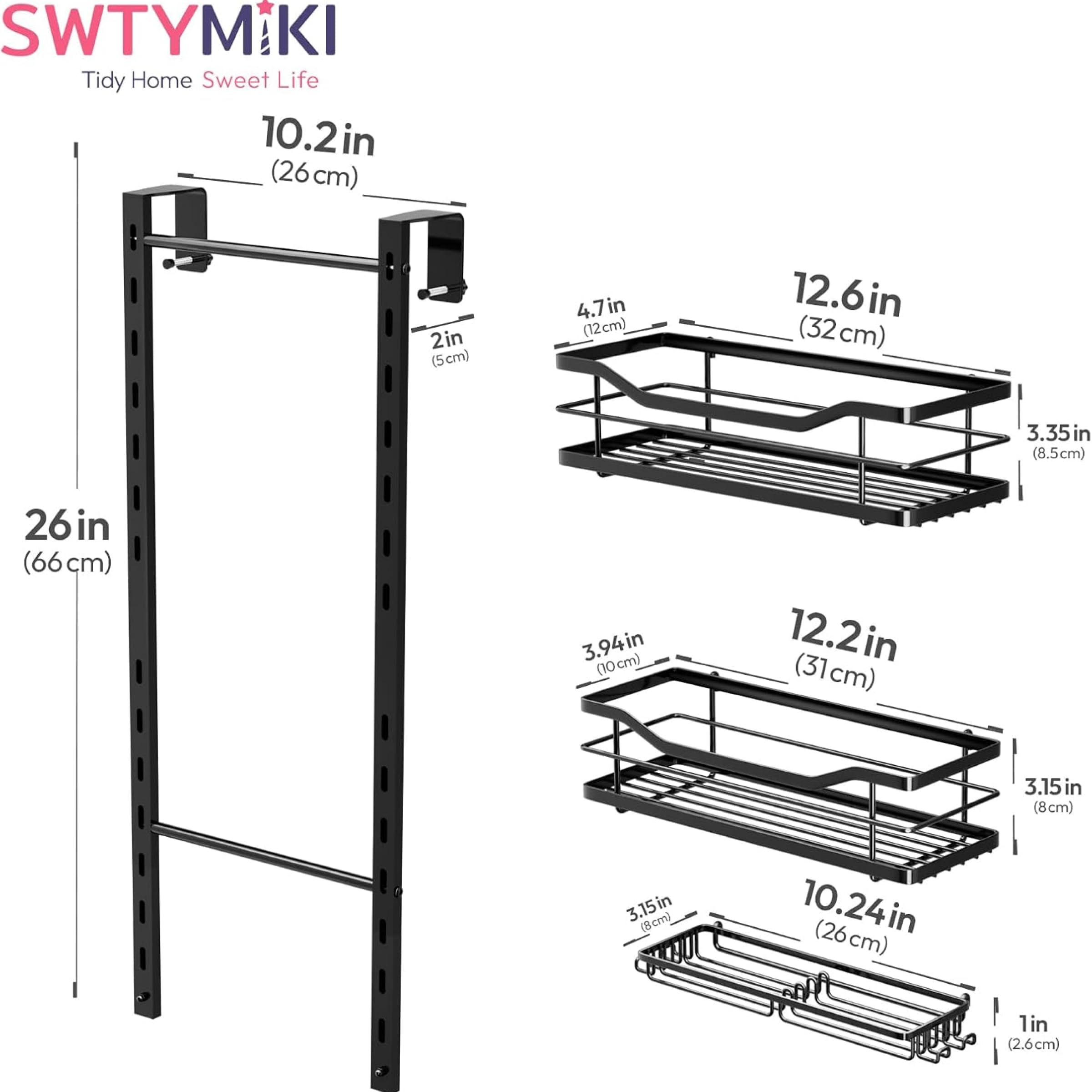 SWTYMIKI Shower Caddy Hanging Adjustable - 3 Tier No Drill Over the Door Hanging Shower Organizer Shelf with Hooks and Soap Holder, Bathroom Organizer Rust Resistant for Shampoo Razor, Black