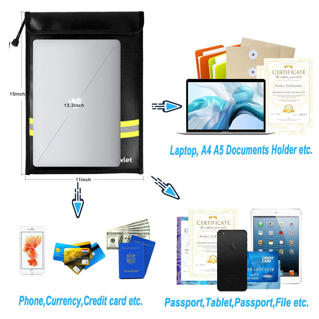 Fireproof Waterproof Money Document Bag - 15" x 11" Upgraded Zipper Bags, Fire & Water Resistant Storage Organizer Pouch for A4 A5 Documents Holder,File,Cash,Jewelry,Passport,Tablet,Laptop (Black)