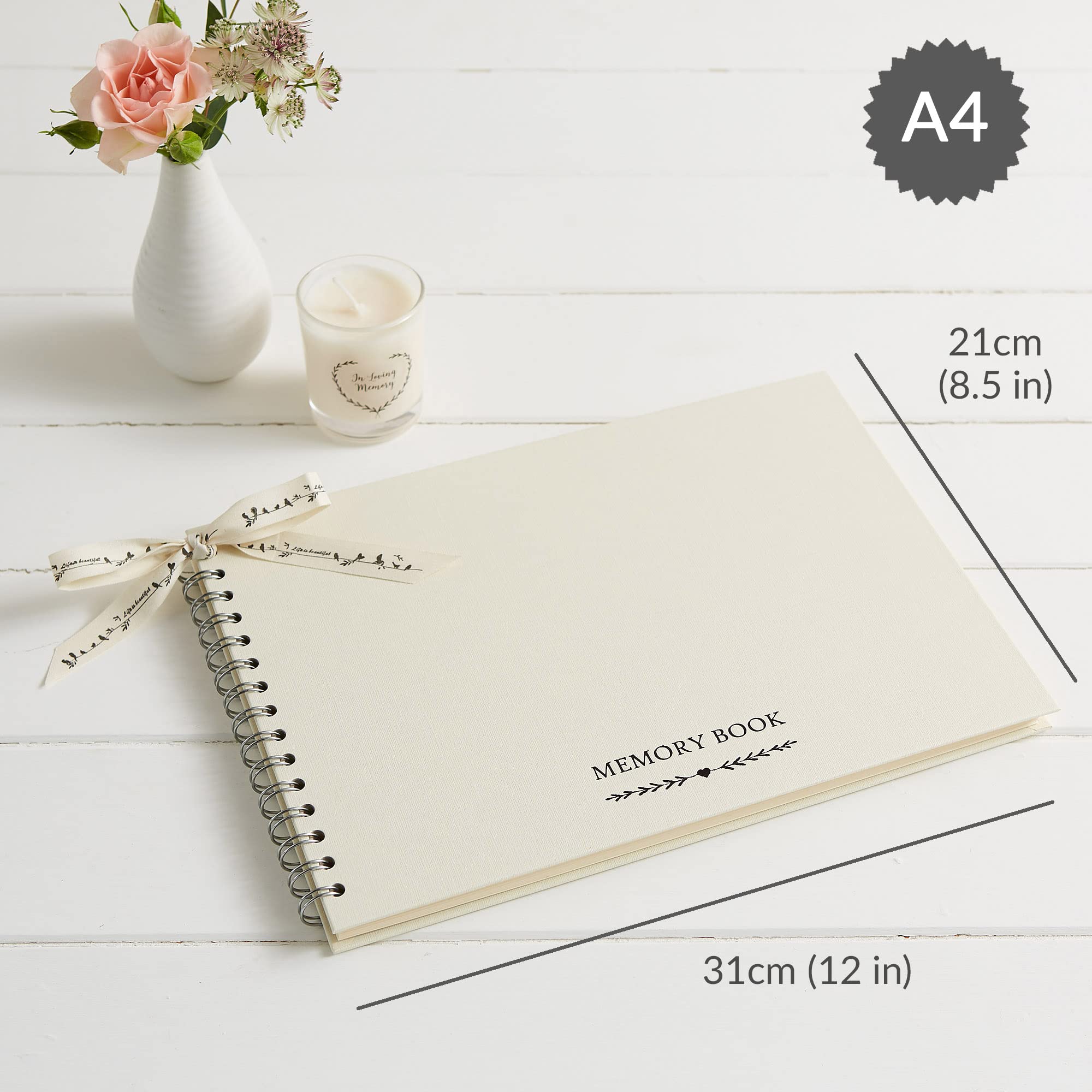 ANGEL & DOVE Large A4 Funeral Memory Book & 2 Signs Set (Ivory) - Memorial, Condolence, Celebration of Life