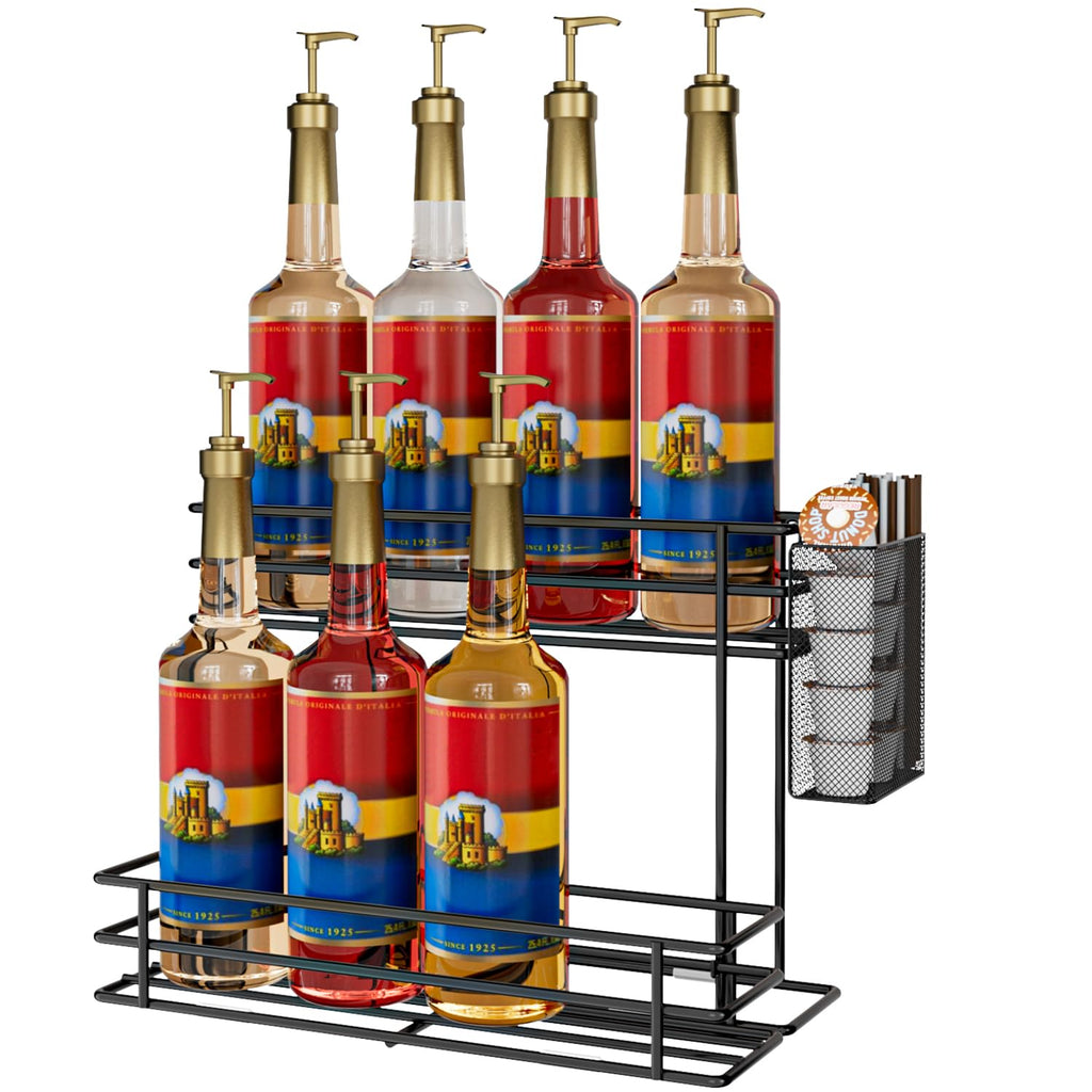 OVICAR Coffee Syrup Storage Rack - 8 Coffee Bottle Holders and Station Accessories with Straw and Pod Basket, 2 Tier (Black)