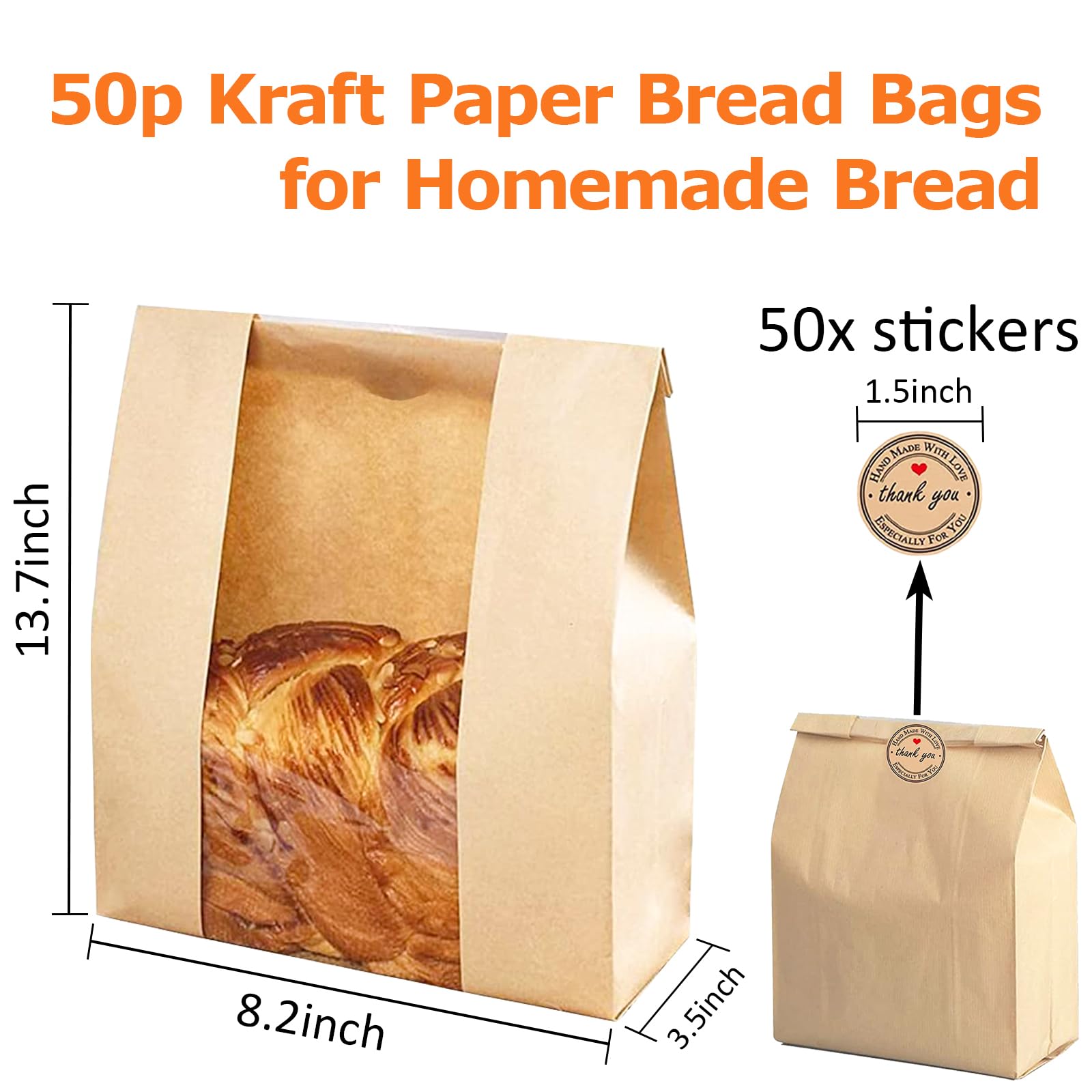 50 Pcs Paper Bread Bags for Homemade Bread Sourdough Bread Bags with Window Brown Kraft Paper Bakery Bread Bags Loaf Bags-13.7x8.2x3.5 inch