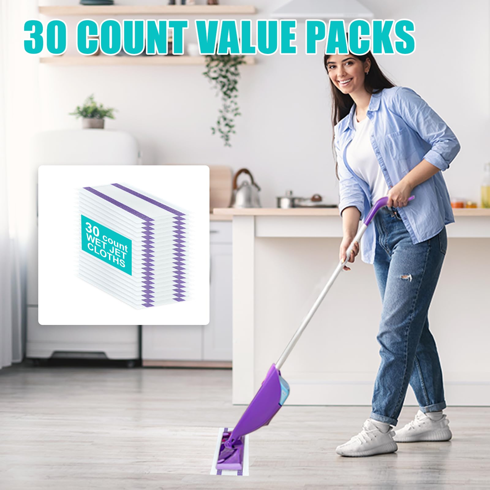30 Count Disposable Wetjet Pads Refills for Swiffer Wet Jet,Spray Wet Pads Refill, Heavy Duty Mop Pad Refills,All Purpose Multi Surface Floor Cleaning, Thickness&Absorbent